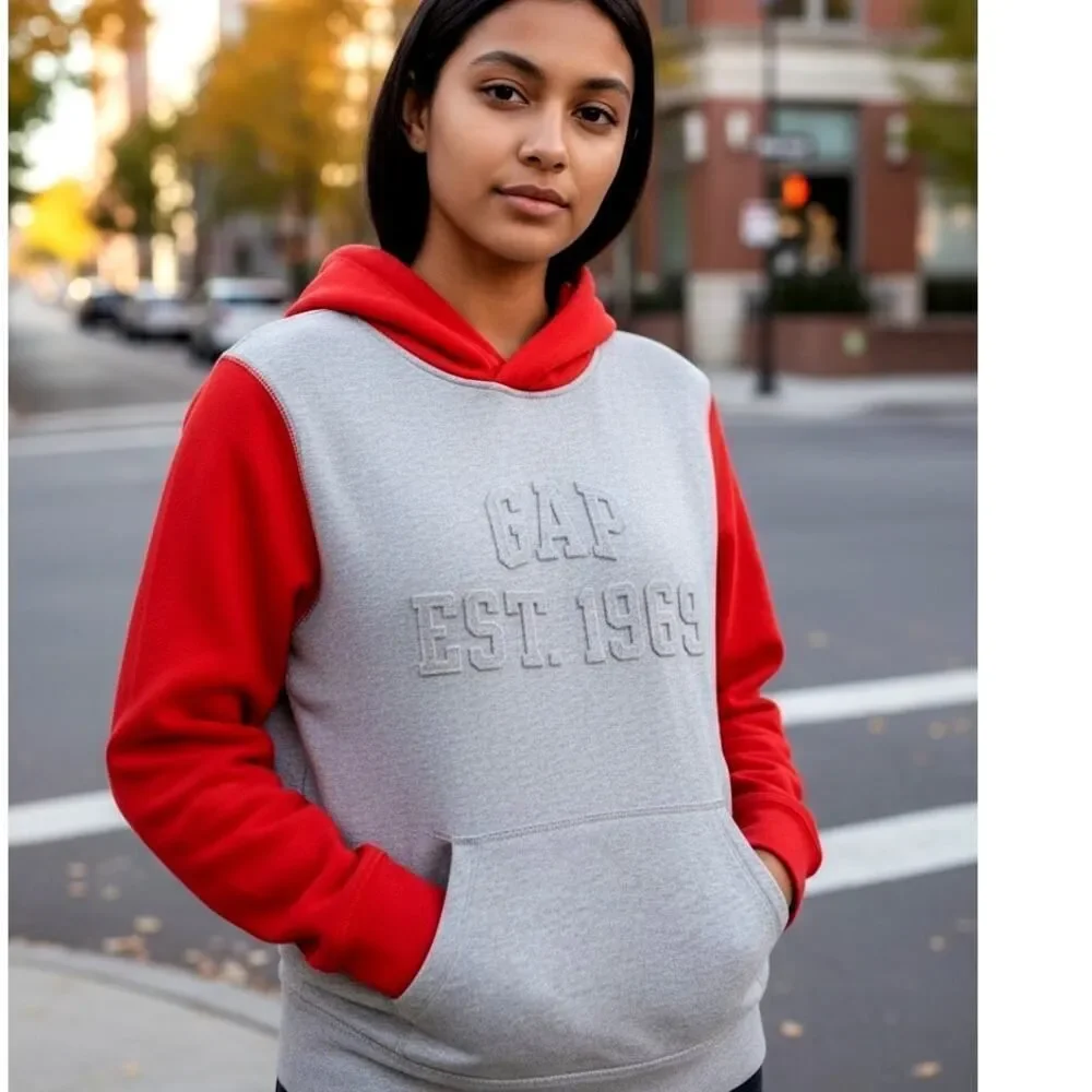 Gap Kids Girls Gray & Red Pullover Hoodie w/Raised Logo - Size XL (12)